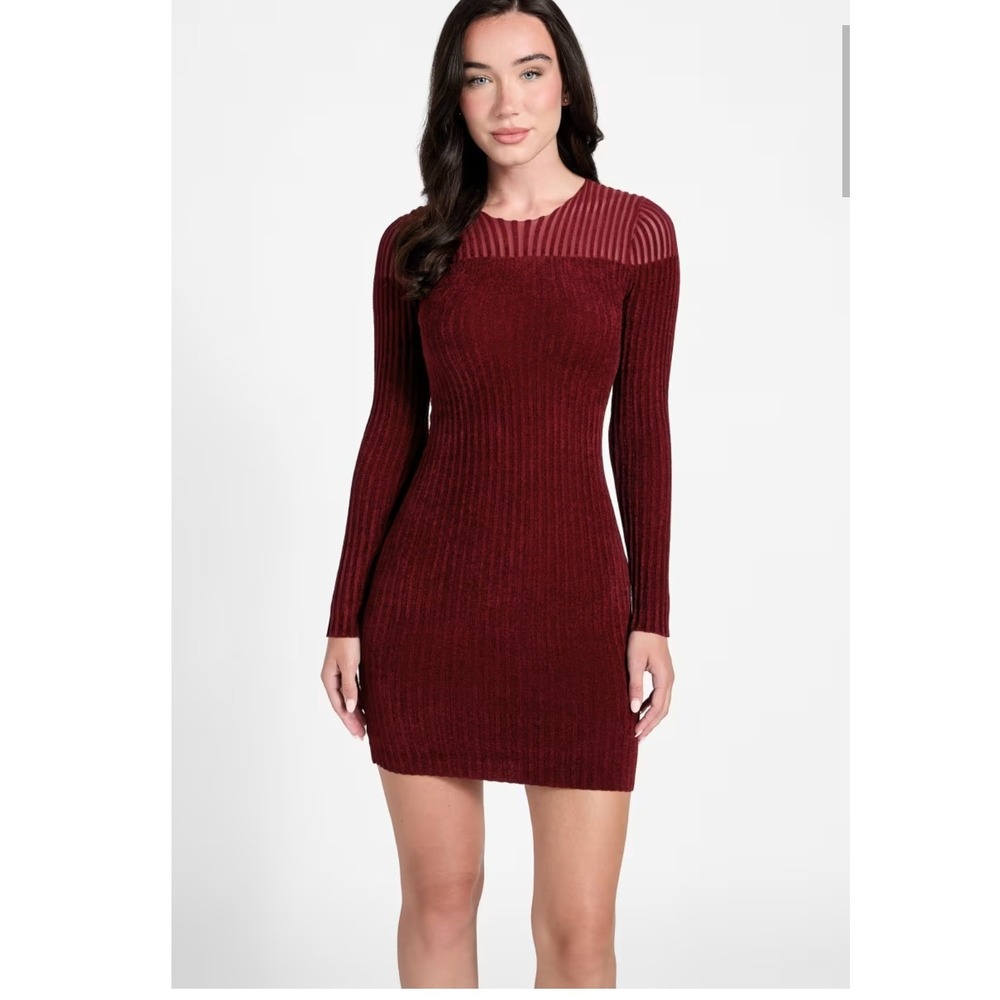Guess Rowena Rib Chenille Dress Womens S Red Long Sleeve Mesh W5BK63Z0890